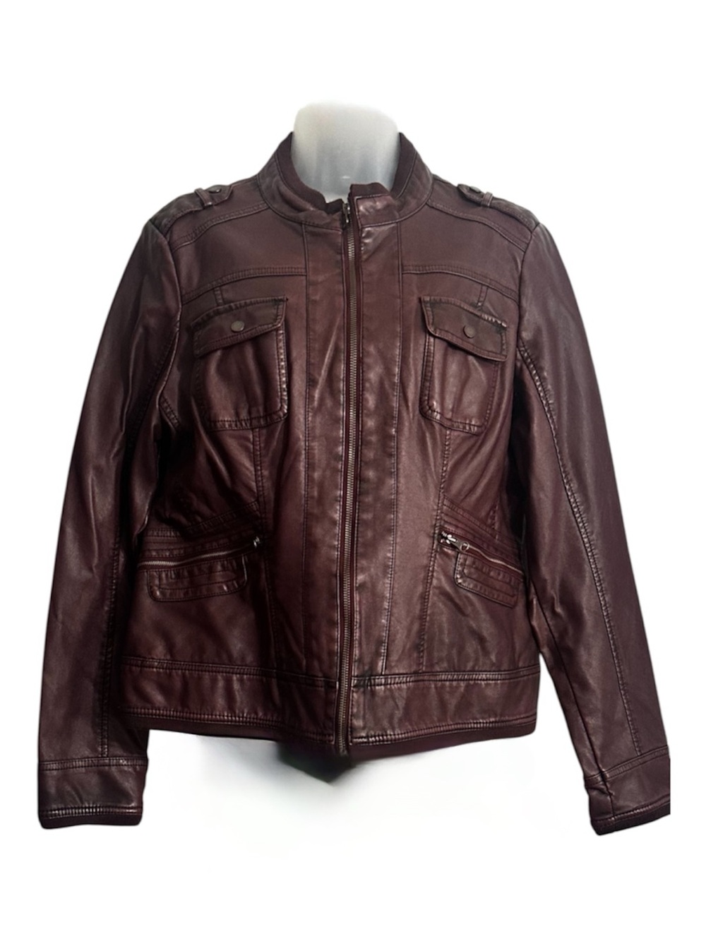 Women's Burgundy Faux Leather Bomber Jacket - Classic Zip Front